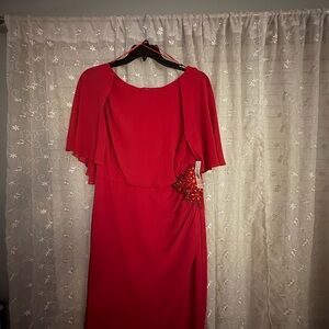 R&M Richards Red Midi Dress with Cape Detail